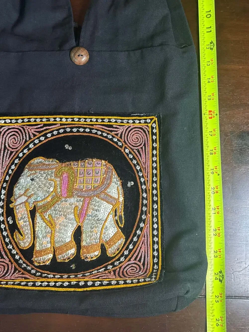 Thai Boho Black Cotton Hobo Bag Embroidered Sequin Elephant